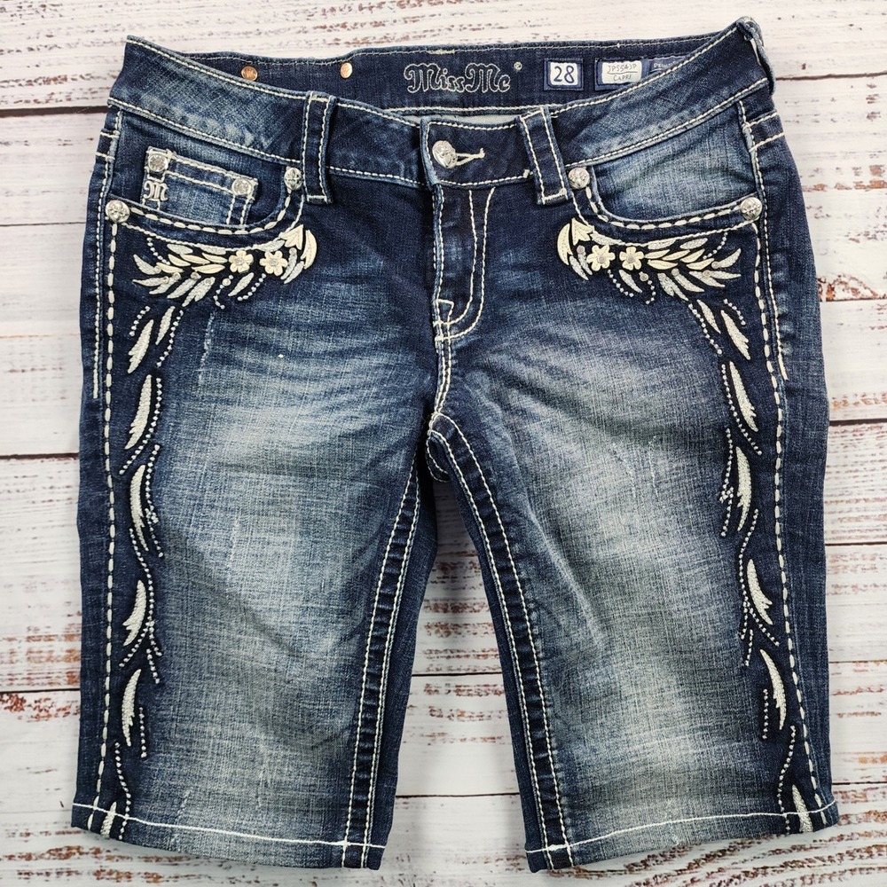 Miss Me JP5543P Womens Capri Jeans 28 Blue Embroidered Rhinestone Stretch